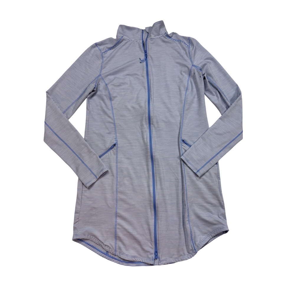 Duluth Trading Co Full Zip Tunic Womens Medium Blue Striped Excellent Thumbholes